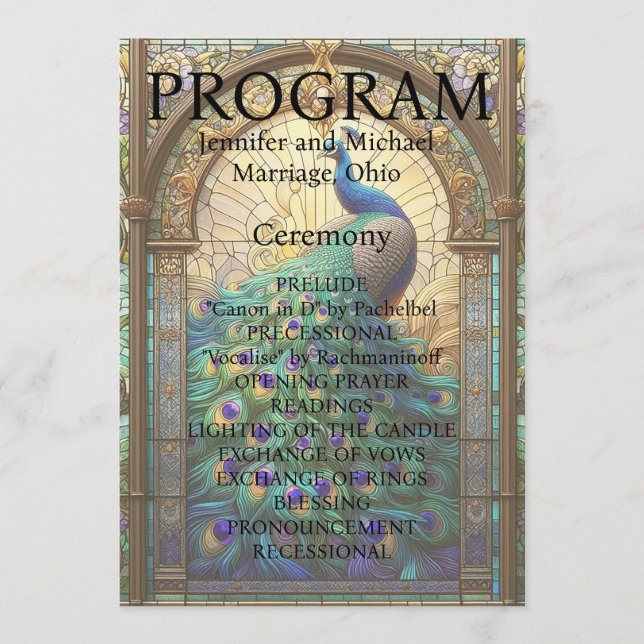 Peacock Bröllop-stärkt glasprogramkort Program (Framsida)