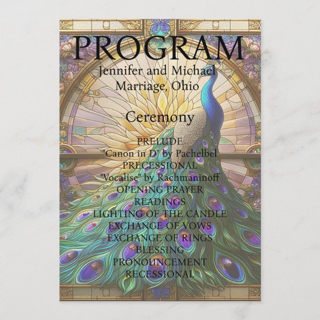 Peacock Bröllop-stärkt glasprogramkort Program (Framsida)