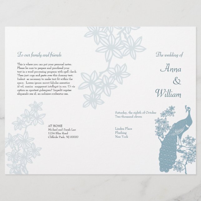 Peacock Bröllopsprogram Flyer (Framsida)