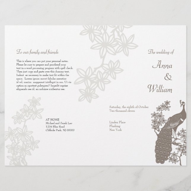 Peacock Bröllopsprogram Flyer (Framsida)