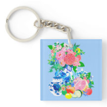 Peacock Chinoiserie Flower Vas Acrylic Keychain