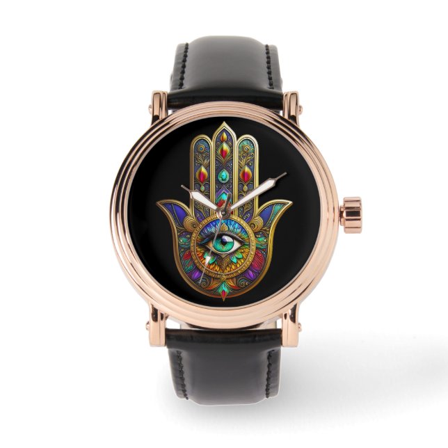 Peacock Color Flower Petals Hamsa Green Third Eye Armbandsur (Framsida)