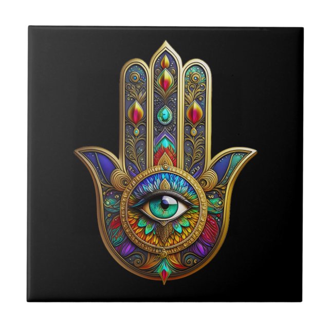 Peacock Color Flower Petals Hamsa Green Third Eye Kakelplatta (Framsidan)