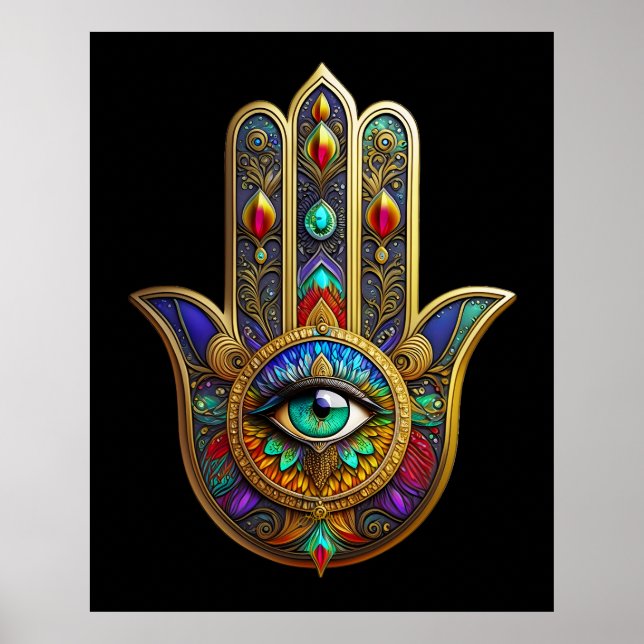 Peacock Color Flower Petals Hamsa Green Third Eye Poster (Framsidan)