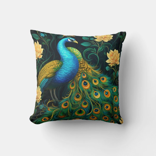 Peacock Colorful Blue Illustration Kudde (Framsida)
