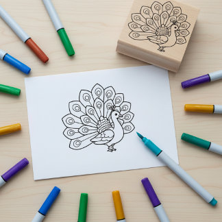 Peacock Coloring Book Outline Wooden Art Stamp Stämpel
