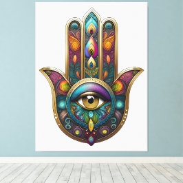 Peacock Colors Hamsa w/ Gold Third Eye Canvastryck