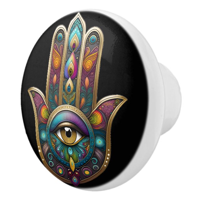Peacock Colors Hamsa w/ Gold Third Eye Knopp (Höger)