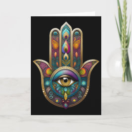 Peacock Colors Hamsa w/ Gold Third Eye Kort