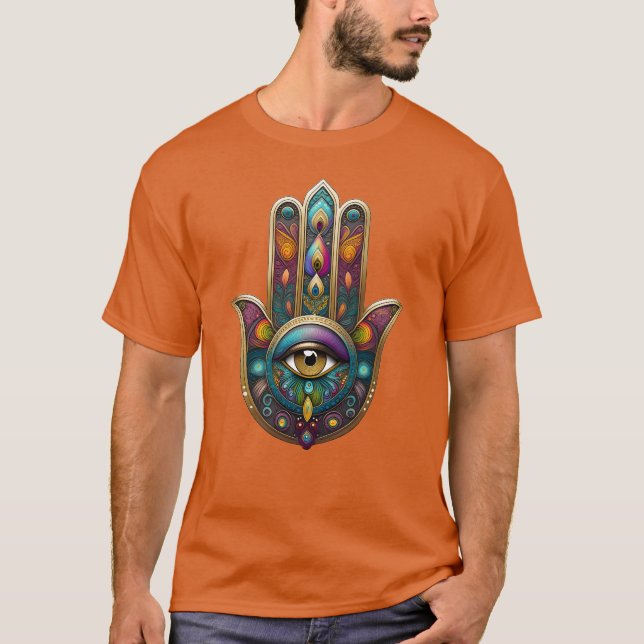 Peacock Colors Hamsa w/ Gold Third Eye T Shirt (Framsida)