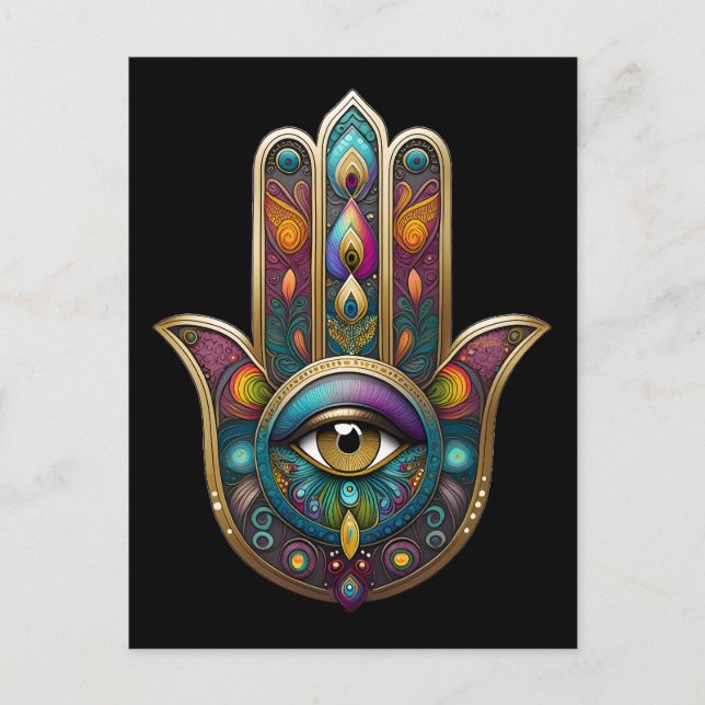 Peacock Colors Hamsa w/ Gold Third Eye Vykort (Framsida)