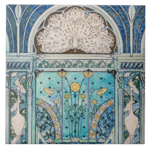Peacock, Cranes och Solblommor Art nouveau Kakelplatta