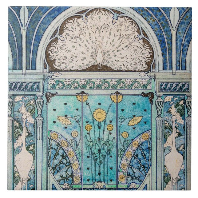 Peacock, Cranes och Solblommor Art nouveau Kakelplatta (Framsidan)