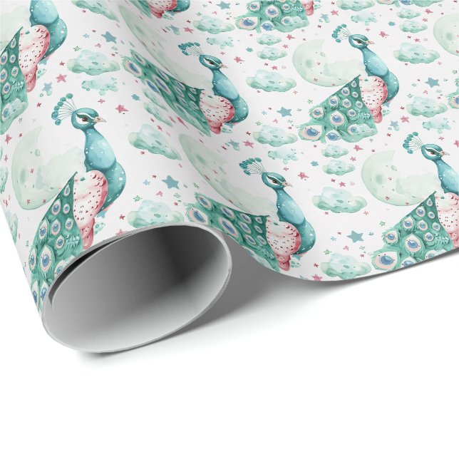 Peacock Cute Baby Pastel Watercolor Mönster Presentpapper (Rullad Hörn)