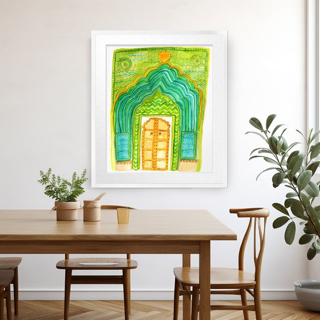 Peacock Door Watercolor Jaipur City Palace Grönt Poster (Peacock Door Watercolor Jaipur City Palace Green Poster Wall Art colorful green unique)