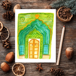 Peacock Door Watercolor Jaipur City Palace Grönt Vykort