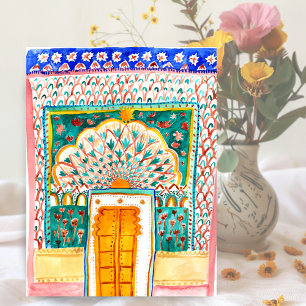 Peacock Door Watercolor Jaipur City Palace Rosa Vykort