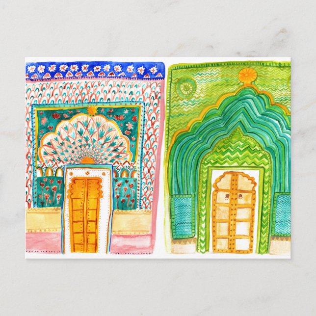 Peacock Doors Watercolor Jaipur City Palace Vykort (Framsida)