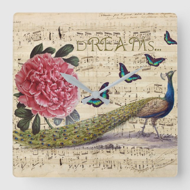 Peacock Dreams Fyrkantig Klocka (Framsida)