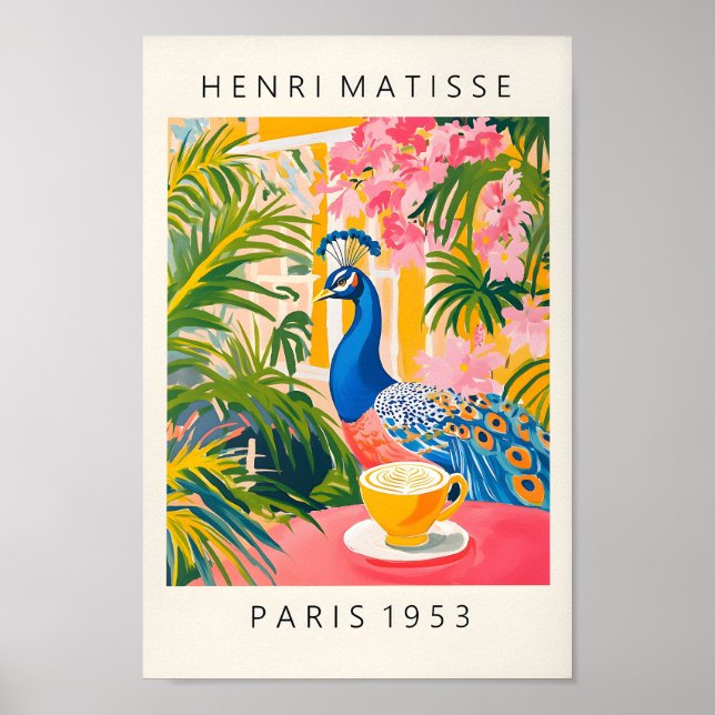 Peacock Drinking Coffee Poster, Rosa Kitchen Decor Poster (Framsidan)