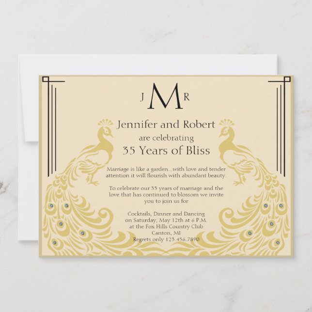 Peacock Elegance Art Deco Bröllop-årsdagen Inbjudningar (Framsida)