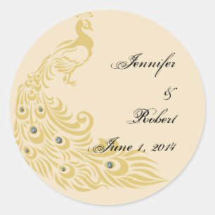 Peacock Elegance Art Deco Bröllop kuvert Seal Runt Klistermärke