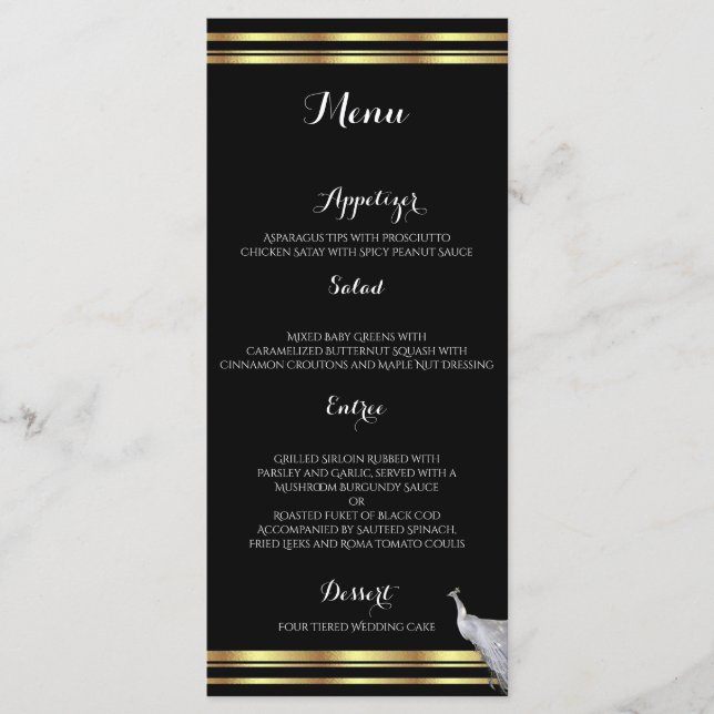 Peacock Elegance i Black Guld och White Menu Meny (Framsida)