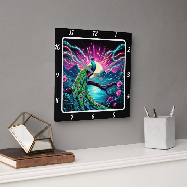 Peacock Elegance Neon Fyrkantig Klocka (Kontor)