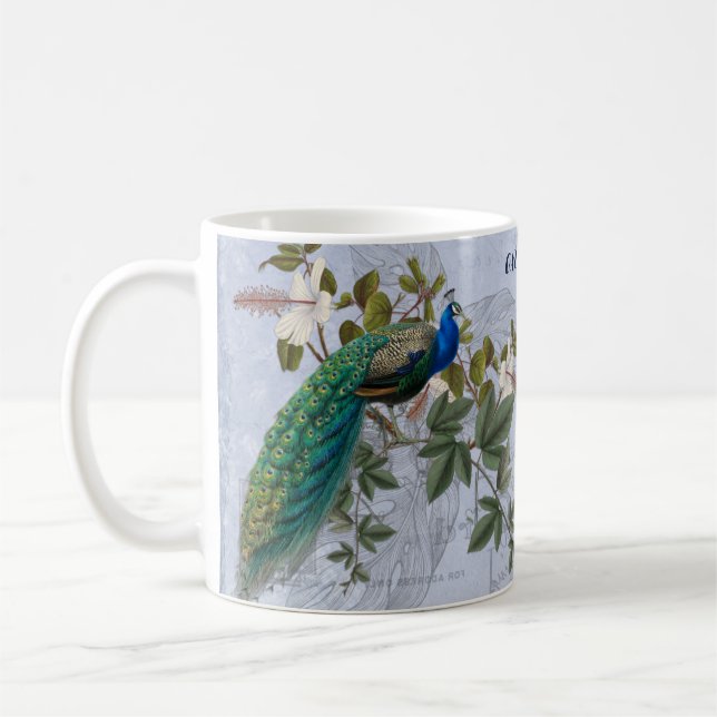 Peacock Ephemera Elegant Blue Vintage Graphic Art Kaffemugg (Vänster)