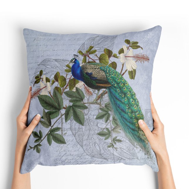 Peacock Ephemera Romantic Blue Vintage Graphic Art Kudde (Peacock Ephemera Romantic Blue Vintage Graphic Art Throw Pillow)