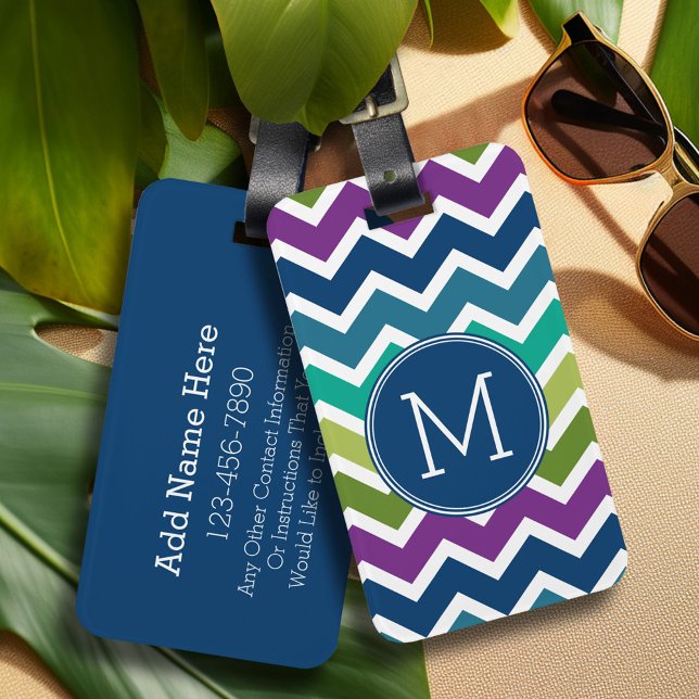 Peacock Färg Chevron Mönster Anpassningsbar Monogr Bagagebricka (Personalized luggage tag - Add Your contact information and monogram)