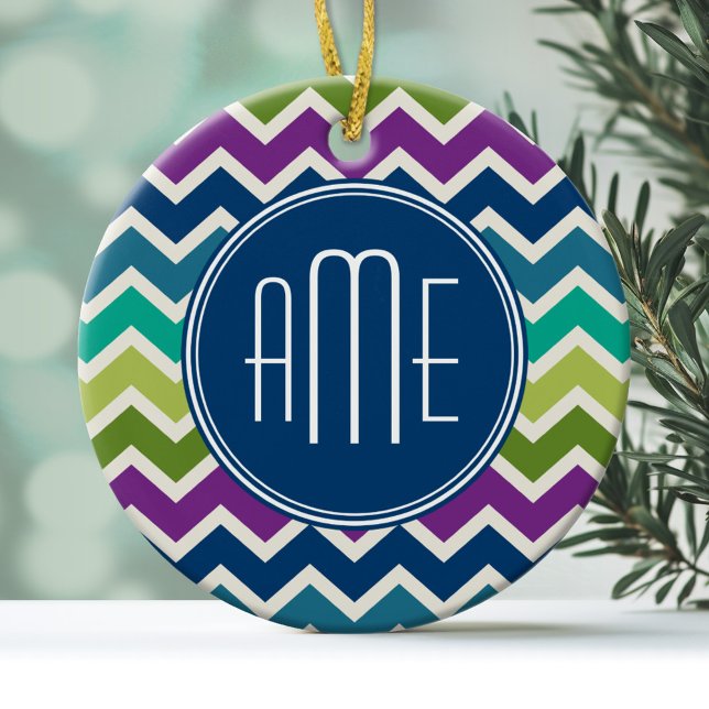 Peacock Färg Chevron Mönster Anpassningsbar Monogr Julgransprydnad Keramik (Personalized Ornament)