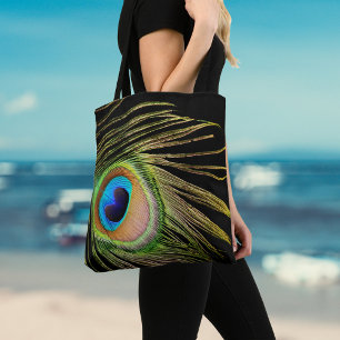 Peacock Feather Black Tote Bag Tygkasse