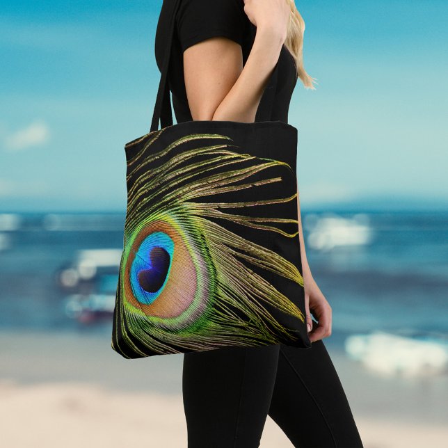 Peacock Feather Black Tote Bag Tygkasse (Skapare uppladdad)