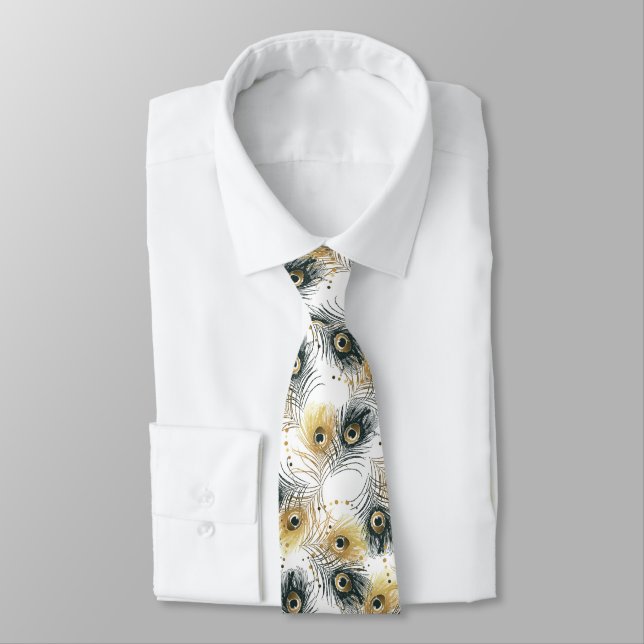 Peacock Feather Black White Guld Manar Necktie Slips (Bunden)