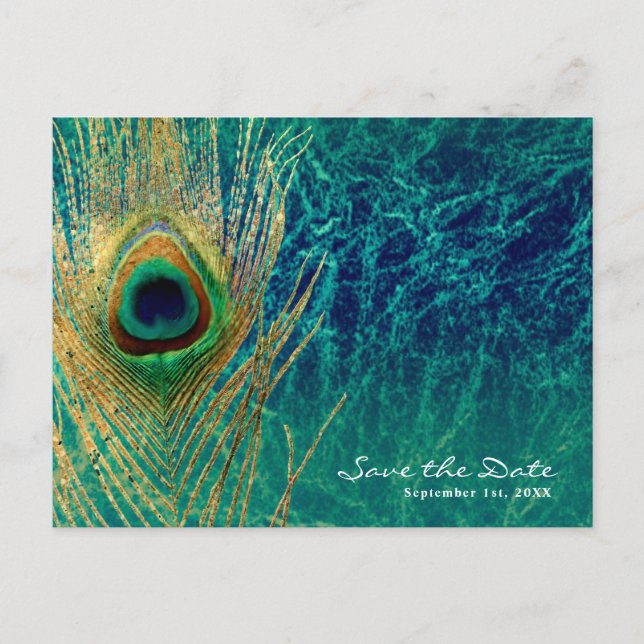 Peacock Feather Blue Teal Guld Glam Spara datum Meddelande Vykort (Framsida)