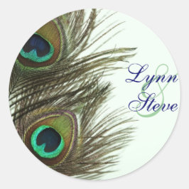 Peacock Feather Bride and Groom Enkuvert Stickers Runt Klistermärke