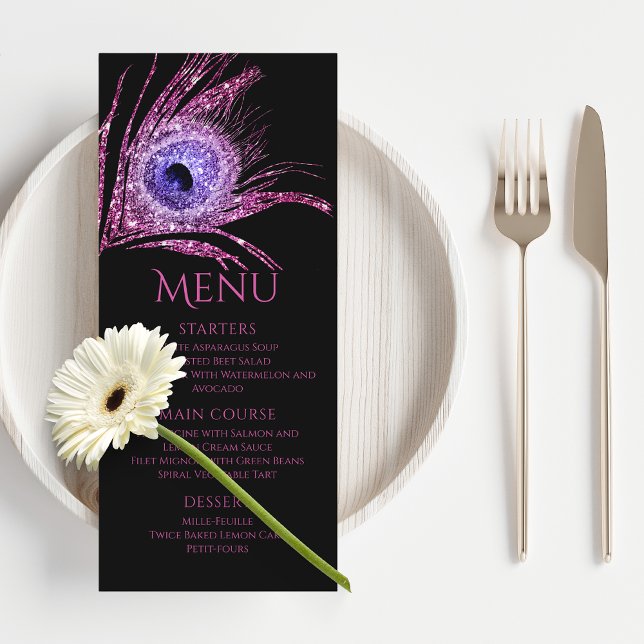 Peacock Feather Chic Glitter Rosa Bat mitzvah Meny (Skapare uppladdad)