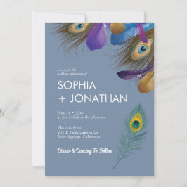 Peacock Feather Dusty Blue Bröllop Modern Chic Inbjudningar