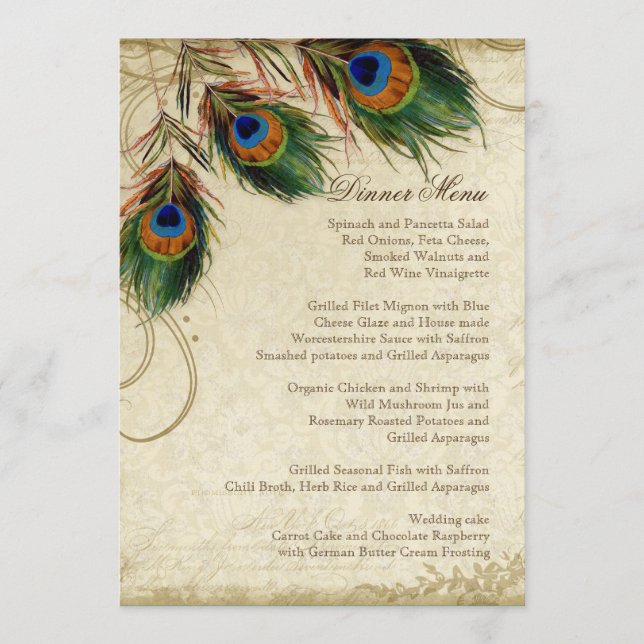 Peacock Feather Elegant Classic Navy Dinner Menu Meny (Framsida)