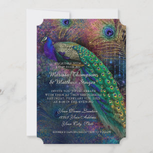 Peacock Feather Elegant Guld Winter Wedding Inbjudningar