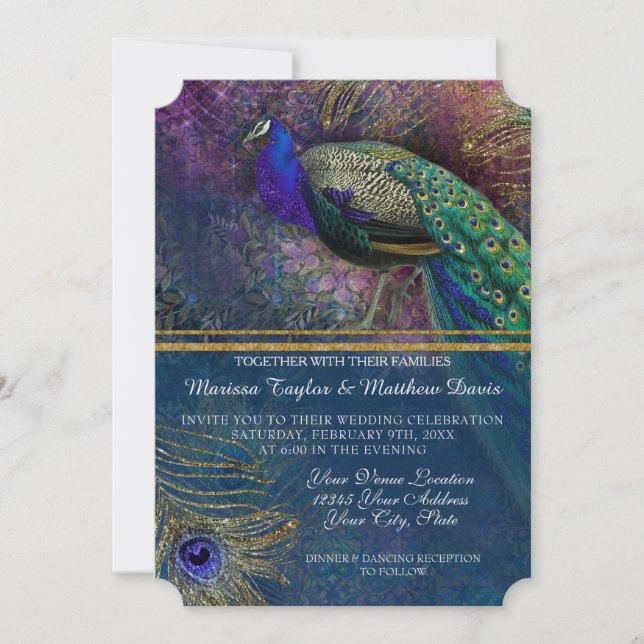 Peacock Feather Elegant Guld Winter Wedsinvit Invi Inbjudningar (Framsida)