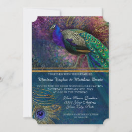 Peacock Feather Elegant Guld Winter Wedsinvit Invi Inbjudningar