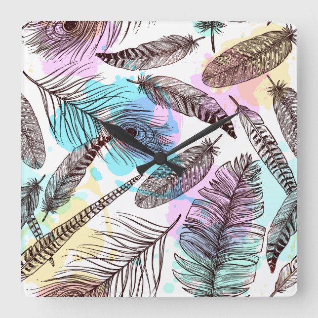 Peacock Feather Fyrkantig Klocka (Framsida)