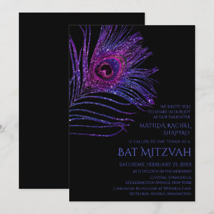 Peacock Feather Glitter Lila Bat mitzvah Logotyp Inbjudningar