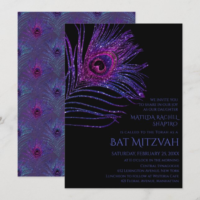Peacock Feather Glitter Lila Bat mitzvah Logotyp Inbjudningar (Fram/baksida)