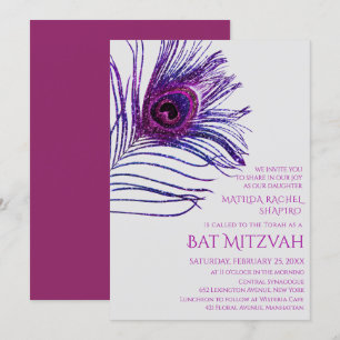 Peacock Feather Glitter Lila Bat mitzvah Logotyp Inbjudningar