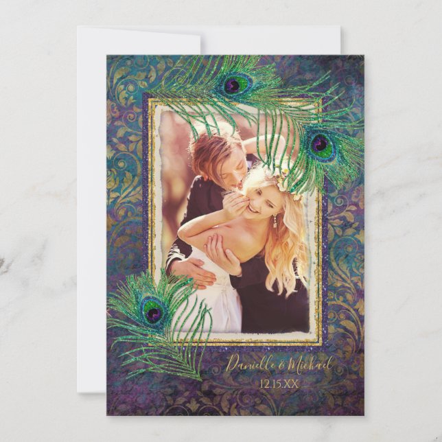 Peacock Feather Glitter Lila Photo Spara datum Datumet (Framsida)