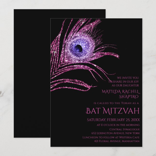 Peacock Feather Glitter Rosa Bat mitzvah Logotyp Inbjudningar (Fram/baksida)