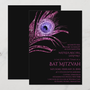 Peacock Feather Glitter Rosa Bat mitzvah Logotyp Inbjudningar